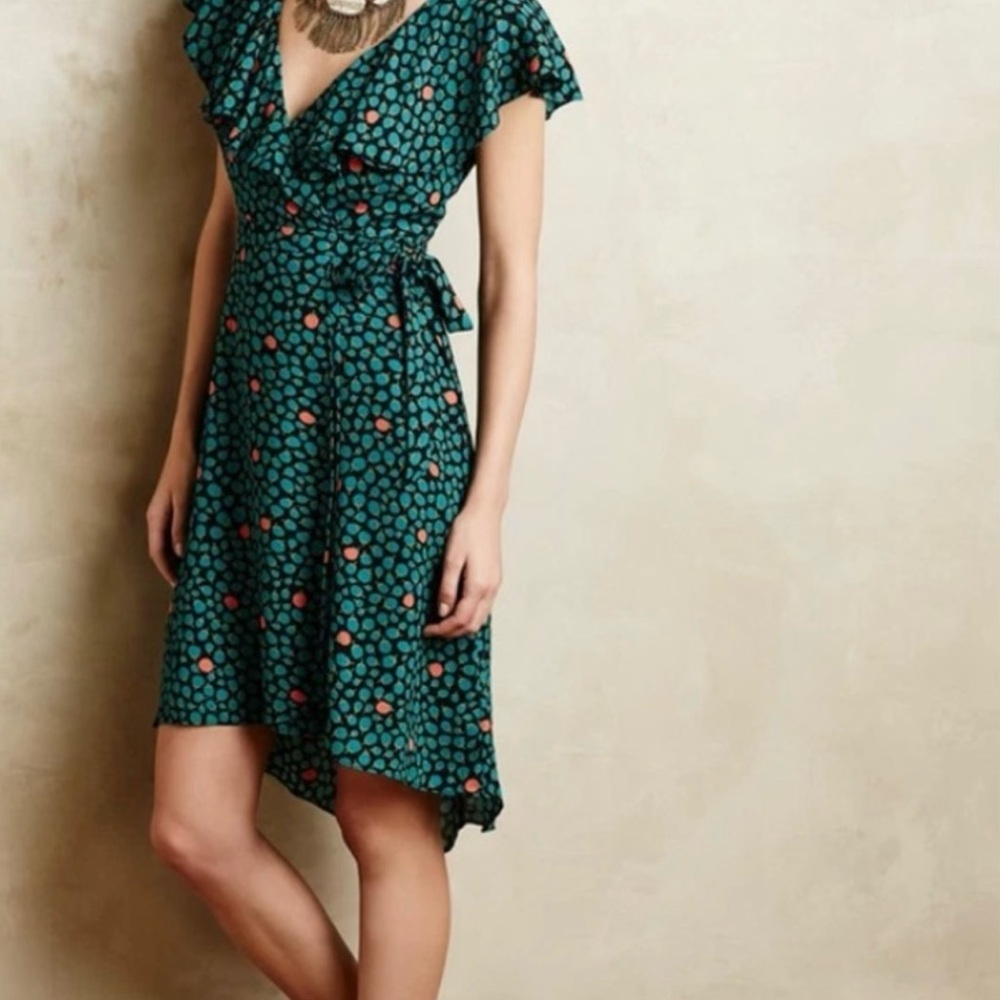 HD IN PARIS Teal and Coral Patterned Wrap Dress size 8 NWOT